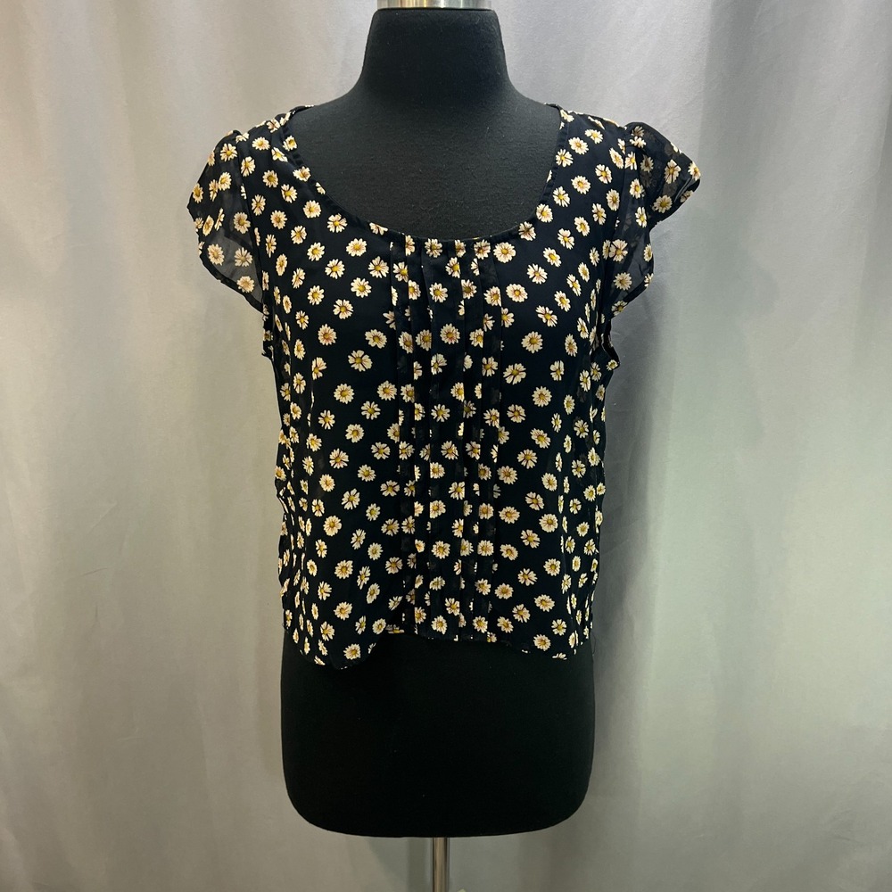 Charlotte Russe Blouse Top Women Large Black Floral Print Pleated Flutter Sleeve
